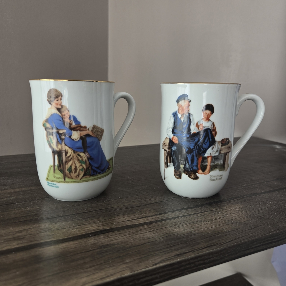 Norman Rockwell Mugs with Gold Trim and Colorful Illustrations